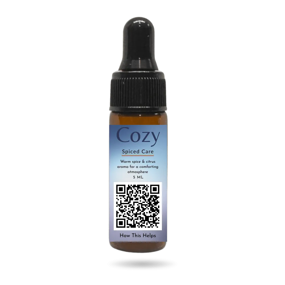 Cozy Diffusion Blend, a warming spice and citrus essential oil blend designed for intentional aromatic comfort during times of care.