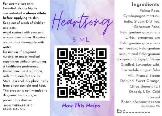 Heartsong diffusion oil label showing ingredient list with botanical details, diffusion directions, and safety information.
