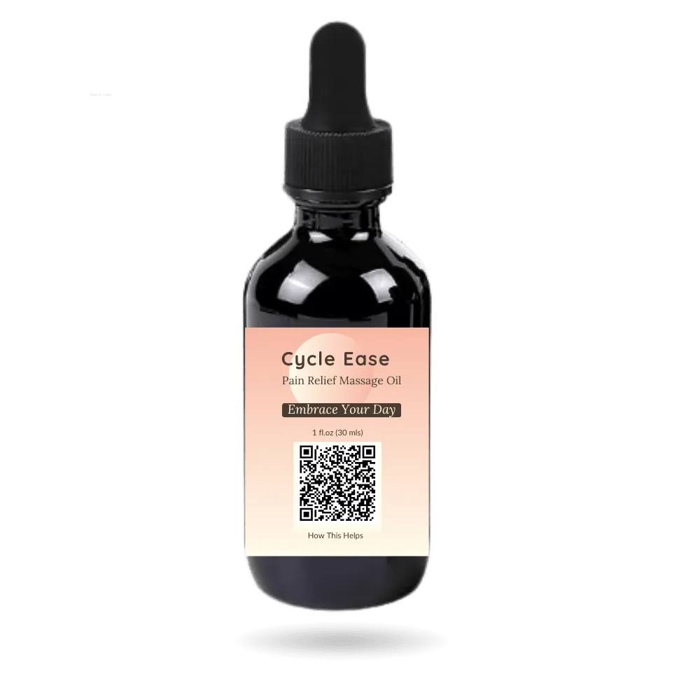 Cycle Ease Pain Relief Massage Oil, a botanical massage oil formulated to support comfort during menstrual cramping and lower abdominal discomfort.