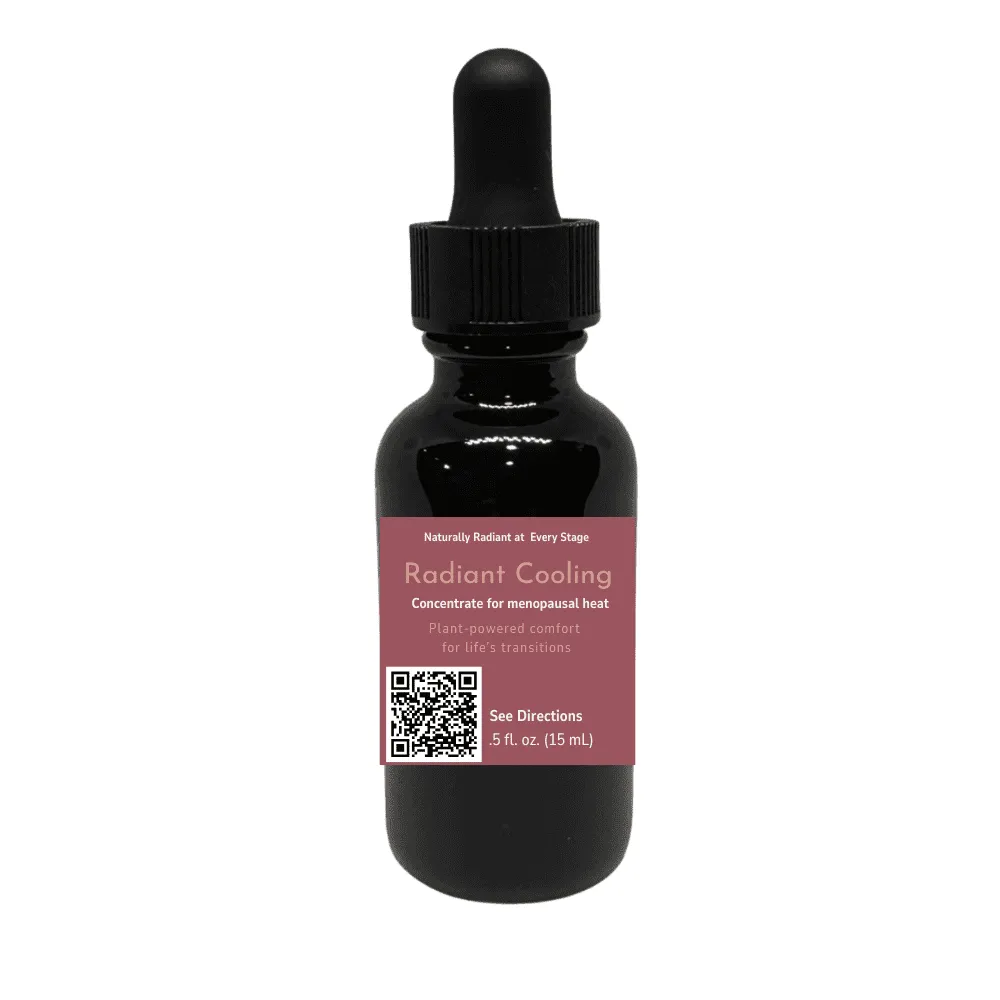 Radiant Cooling menopausal support oil bottle, a botanical blend designed to help ease hot flashes and support comfort during life’s transitions.