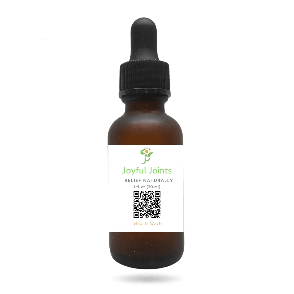 Joyful Joints botanical massage oil by Botanic Aromatics in an amber glass bottle with dropper, designed to support joint comfort and everyday movement.