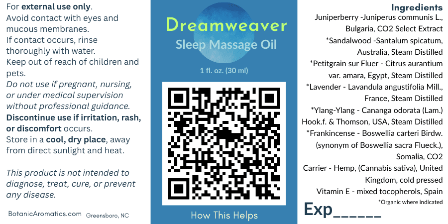 Dreamweaver Sleep Massage Oil by Botanic Aromatics, formulated for evening massage to encourage relaxation and sleep readiness, with detailed safety and ingredient information on the label.