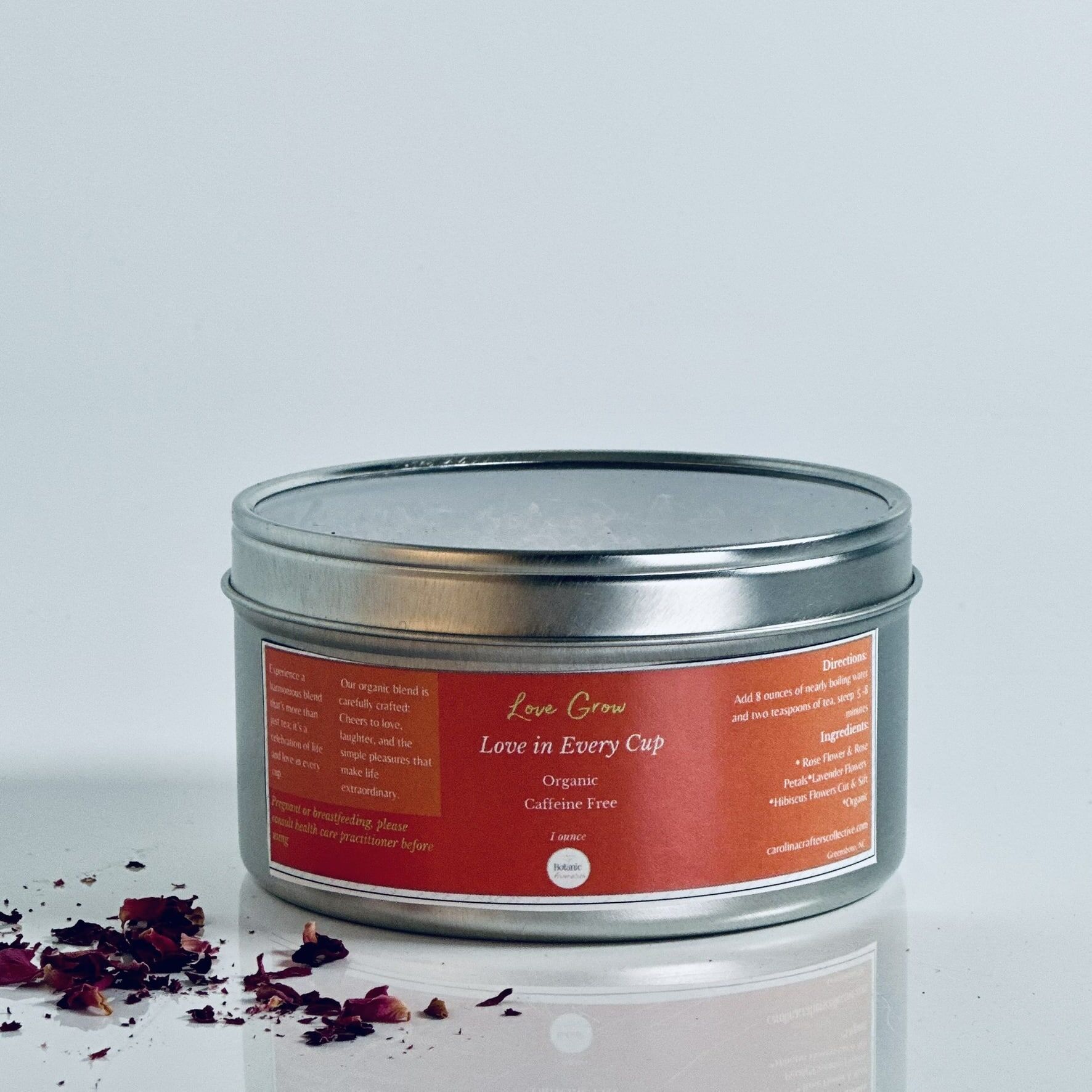 Love Grow tea Crafted with care and commitment to your health, this organic, caffeine-free tea invites you to savor rose petals' therapeutic qualities, lavender's calming influence, and hibiscus's vitality in every cup.