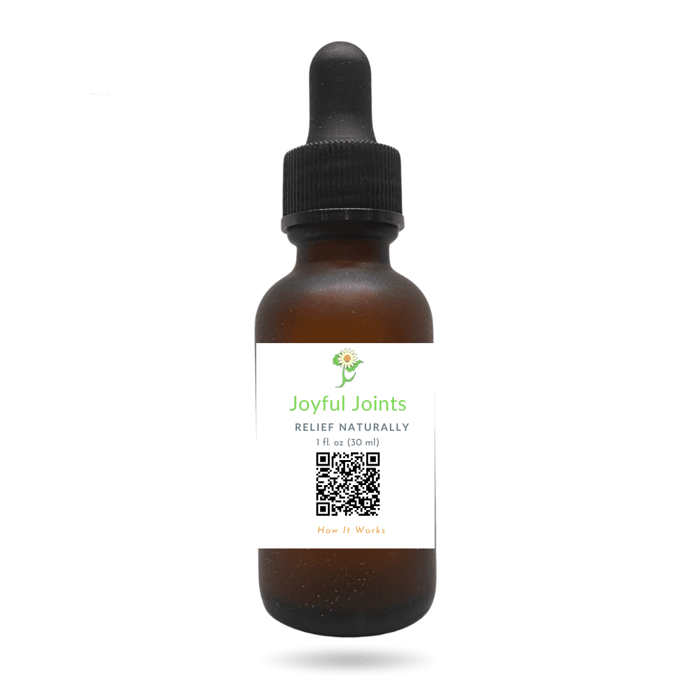 Joyful Joints botanical massage oil by Botanic Aromatics in an amber glass bottle with dropper, designed to support joint comfort and everyday movement.