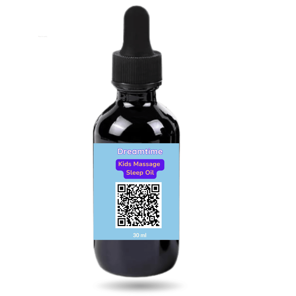 Dark amber bottle of Dreamseed Kids Sleep Massage Oil, a natural botanical massage oil created to support calm and restful sleep for children.