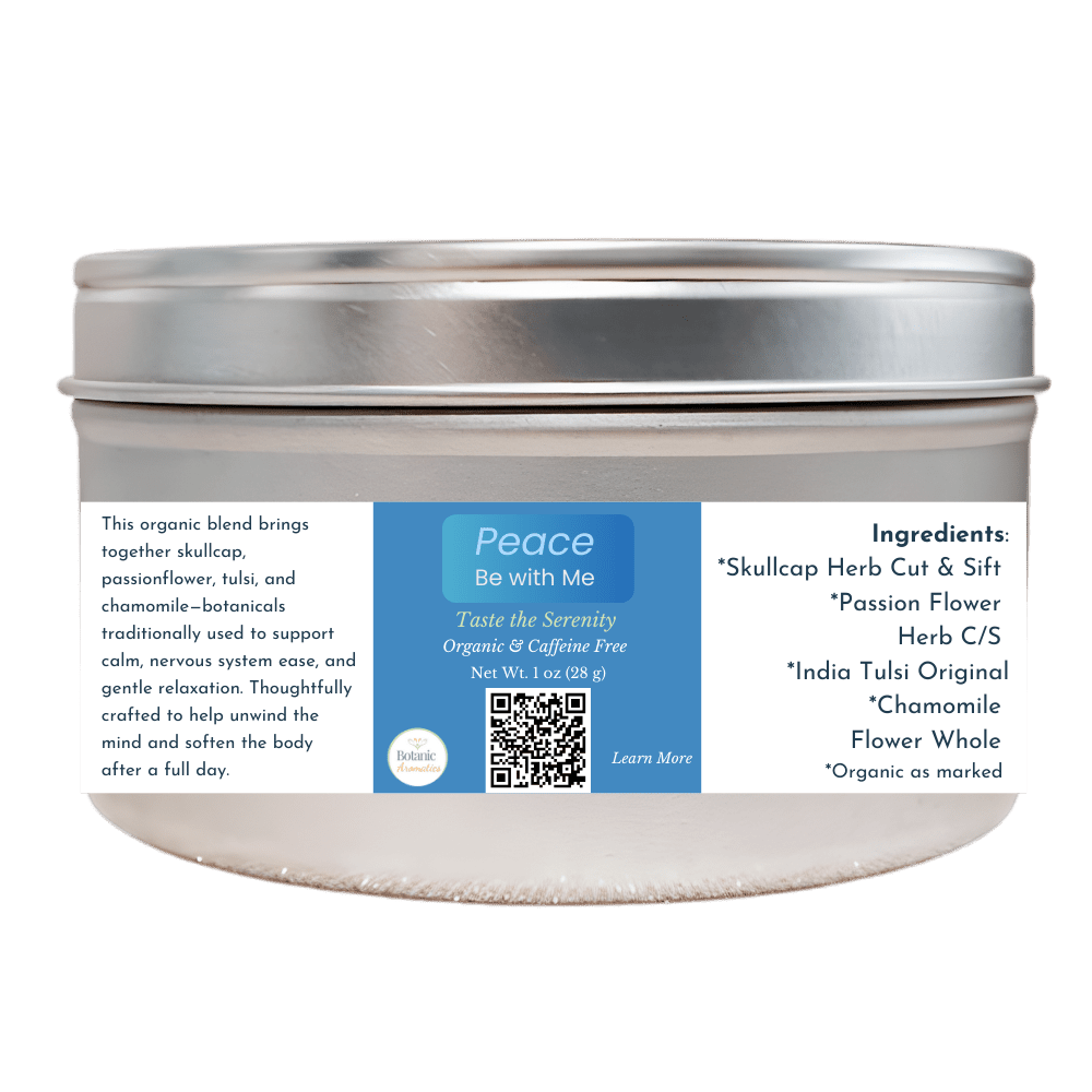 Peace Be With Me organic herbal tea in a silver tin with a calming blue label, featuring skullcap, passionflower, tulsi, and chamomile for relaxation.