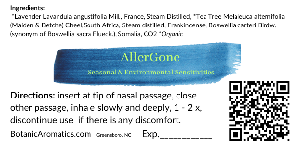 Allergone inhaler label featuring frankincense, lavender, and tea tree essential oils for clarifying aromatic support during seasonal sensitivities.