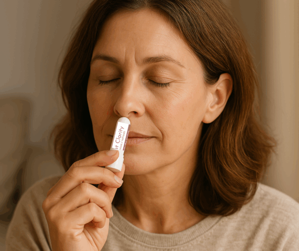 Woman using a natural essential oil inhaler to reduce brain fog and improve concentration