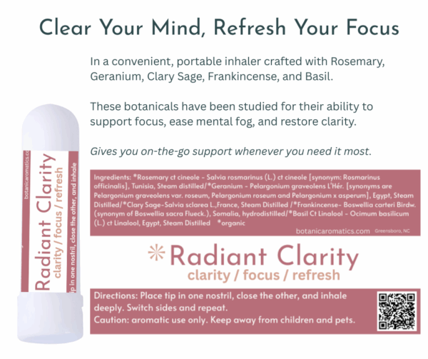 White aromatherapy inhaler with rosemary, clary sage, frankincense, geranium, and basil essential oils for mental clarity”