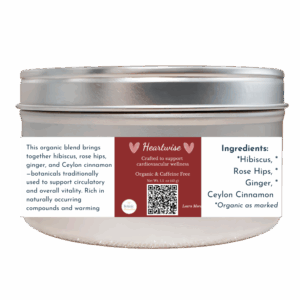 Heartwise organic herbal tea in a silver tin with a deep red label, formulated with hibiscus, rose hips, ginger, and cinnamon to support cardiovascular wellness.