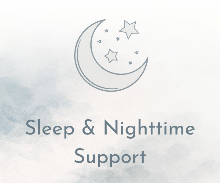Watercolor background with moon and botanical icon representing sleep and nighttime support